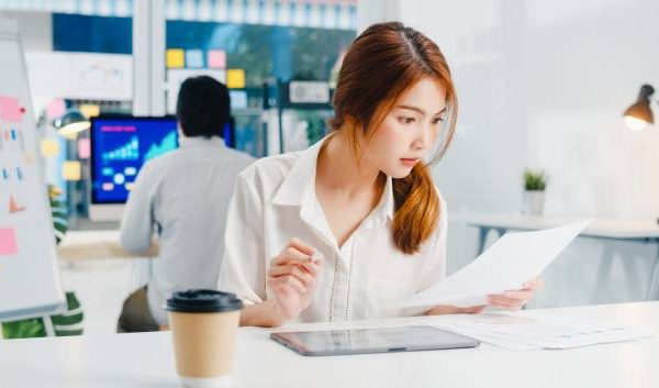 successful executive asia young businesswoman smart casual wear drawing writing using pen with digital tablet computer thinking inspiration s (1)